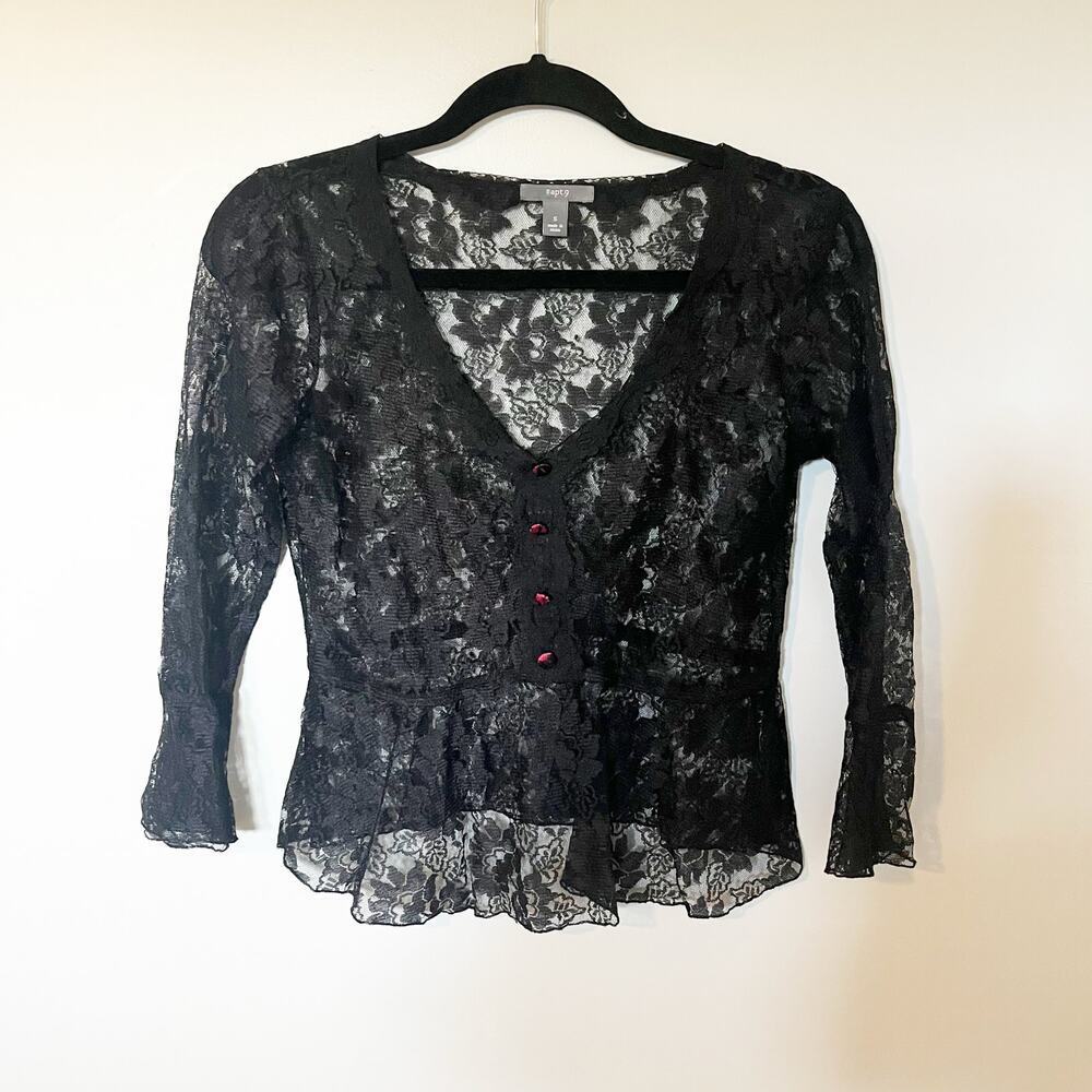 Lace‎ peplum black collared button top whimsy goth witchy core small